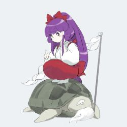 1girl beard blunt_bangs blush bow closed_mouth facial_hair genjii_(touhou) gohei grey_background hair_bow hakurei_reimu hakurei_reimu_(pc-98) head_rest index_finger_raised japanese_clothes kaigen_1025 long_hair miko planted purple_eyes purple_hair raised_eyebrow red_bow shide sidelocks simple_background sitting_on_animal sketch solo touhou touhou_(pc-98) turtle white_legwear wide_sleeves