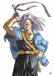 Rule 34 | belt, black pants, black tank top, blue eyes, blue jacket, cowboy shot, denim, denim jacket, dragon ball, dragonball z, hand in pocket, highres, holding, holding sword, holding weapon, jacket, kakeru (dbskakeru), medium hair, muscular, muscular male, pants, simple background, sword, tank top, trunks (dragon ball), trunks (future) (dragon ball), weapon, white background