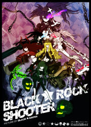 Rule 34 | absurdres, arm cannon, armor, bikini, black coat, black crown, black gold saw, black hair, black krosa, black leggings, black rock shooter, black rock shooter (character), black rock shooter (game), black shorts, blonde hair, blue eyes, blue fire, chain, chariot (black rock shooter), coat, crown, dead master, demon tail, dress, fire, flame print, flaming eye, floating skull, glowing, glowing eye, green eyes, green hair, highres, hood, hoodie, horns, insane black rock shooter, king saw, leggings, long hair, mechanical arms, medium hair, multiple girls, pale skin, purple eyes, purple fire, purple hair, red eyes, red fire, rock cannon, scythe, shorts, skeletal hand, skull, strength (black rock shooter), swimsuit, tail, twintails, uneven twintails, weapon, white bikini, white hair, white rock shooter, white shorts, yellow eyes