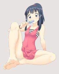1girl barefoot black_hair bracelet collarbone commentary dawn_(pokemon) eating eyelashes feet female_focus food foot_focus foreshortening full_body grey_background grey_eyes hair_tie hand_up highres holding holding_stick jewelry knees long_hair nintendo one-piece_swimsuit pink_one-piece_swimsuit pokemon pokemon:_arceus_and_the_jewel_of_life pokemon_(anime) pokemon_dppt_(anime) popsicle sidelocks simple_background soles solo spread_legs stick suitenan swimsuit toes