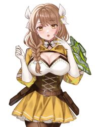 Rule 34 | 1girl, braid, braided ponytail, breasts, brown hair, corset, cosplay, elbow gloves, fire emblem, fire emblem engage, gloves, goldmary (fire emblem), highres, hooded top, large breasts, low ponytail, mole, mole on breast, nintendo, ponytail, ribbon, single shoulder pad, skirt, white gloves, white ribbon, yellow eyes, yellow skirt, zqzbq