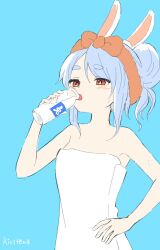 Rule 34 | 1girl, animal ears, bare arms, bare shoulders, blue background, blue hair, blush, bottle, breasts, brown eyes, commentary request, hair bun, half-closed eyes, hand on own hip, highres, holding, holding bottle, hololive, kiritoma, looking at viewer, milk, milk bottle, naked towel, open mouth, rabbit-shaped pupils, rabbit ears, short eyebrows, signature, simple background, small breasts, solo, symbol-shaped pupils, thick eyebrows, towel, usada pekora, virtual youtuber