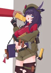 1girl 1other ahoge bag beret black_panties black_thighhighs blue_eyes blush breasts brown_hat brown_jacket brown_shorts commentary_request girls&#039;_frontline girls&#039;_frontline_2:_exilium gold_bar hand_up hat highleg highleg_panties highres holding jacket korean_commentary ksenia_(girls&#039;_frontline_2) lightning_ahoge long_hair midriff navel off-shoulder_jacket off_shoulder open_mouth panties pouch purple_hair red_shirt shirt short_shorts shorts stechkin_(girls&#039;_frontline) sweat thigh_pouch thighhighs torn_clothes torn_thighhighs underwear wwtkgg