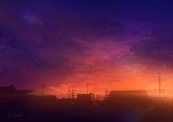 alu.m_(alpcmas) blue_sky building cloud gradient_sky no_humans orange_sky original outdoors power_lines scenery sky sunset urban utility_pole