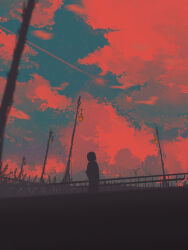 Rule 34 | 1girl, cloud, cloudy sky, commentary, contrail, dark, ele artworks, english commentary, highres, lamppost, original, outdoors, red clouds, scenery, short hair, signature, silhouette, sky, solo, star (sky), starry sky, sunset, wind turbine, windmill