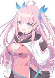 1girl \||/ absurdres ahoge asymmetrical_bangs black_gloves black_skirt breasts cleavage cleavage_cutout clothing_cutout fang fingerless_gloves gloves hair_ornament hand_up heart_cutout highres hiraga_matsuri jewelry light_blush long_hair long_sleeves looking_at_viewer necklace open_mouth original pink_eyes pink_hair simple_background skin_fang skirt smile solo white_background x_hair_ornament