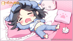 Rule 34 | 1girl, barefoot, bed sheet, black hair, blue pajamas, blue pants, blush, chibi, closed eyes, commentary request, drooling, frilled pillow, frills, full body, hand up, hood, hood up, hoodie, long sleeves, lying, mouth drool, navel, on back, open mouth, original, pajamas, pan (mimi), panties, pants, pillow, shirayuki yuuri, sleeping, soles, solo, stomach, underwear, wavy mouth, white hoodie, yellow panties