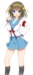 Rule 34 | 1girl, :d, aldehyde, armband, black legwear, blue eyes, blue skirt, blush, brown hair, cosplay, female focus, hair ribbon, hand on own hip, hare hare yukai, highres, kantai collection, long sleeves, look-alike, looking at viewer, maya (kancolle), neckerchief, open mouth, pointing, pointing at viewer, ribbon, sailor collar, school uniform, serafuku, short hair, simple background, skirt, smile, solo, suzumiya haruhi, suzumiya haruhi (cosplay), suzumiya haruhi no yuuutsu, sweat, white background