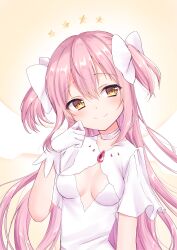 1girl absurdres backlighting bow center_opening chest_jewel choker cleavage_cutout closed_mouth clothing_cutout commentary_request diamond_cutout dot_nose energy_wings gem gloves hair_between_eyes hair_bow hand_on_own_cheek hand_on_own_face highres kaname_madoka light_blush long_hair looking_at_viewer loose_hair_strand mahou_shoujo_madoka_magica mahou_shoujo_madoka_magica_(anime) mochiko_(uyu_omochi) pink_gemstone pink_hair pleated_sleeves short_sleeves smile solo spread_wings star_(symbol) two_side_up ultimate_madoka upper_body very_long_hair white_bow white_choker white_gloves white_wings wings yellow_background yellow_eyes