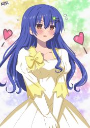 1girl absurdres blush breasts brown_eyes clover_hair_ornament date_a_live four-leaf_clover_hair_ornament gloves hair_ornament highres itsuka_shiori lewdkuma long_hair puffy_sleeves