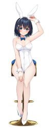 Rule 34 | 1girl, animal ears, arm up, bare shoulders, black hair, blue eyes, blush, breasts, butterfly hair ornament, closed mouth, commentary, fake animal ears, fishnet pantyhose, fishnets, full body, hair between eyes, hair ornament, hairband, hand on own ear, high heels, highres, komori kuzuyu, leotard, medium breasts, original, pantyhose, playboy bunny, pulling own ear, rabbit ears, rivier (kuzuyu), shoes, simple background, sitting, solo, stool, symbol-only commentary, white background, white hairband, white leotard, white pantyhose, white shoes, wrist cuffs