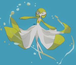blue_background bob_cut closed_eyes colored_skin dress gardevoir gen_3_pokemon green_hair green_skin highres lole_pokemon multicolored_skin nintendo pokemon pokemon_(creature) signature simple_background two-tone_skin white_dress white_skin