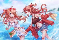 2girls bikini bikini_top_only black_bikini blue_eyes blue_shorts blue_sky blush closed_eyes cloud evil_neuro-sama eyewear_on_head hair_ornament hair_over_one_eye hair_ribbon heart heart-shaped_eyewear heart_hair_ornament highres horizon indie_virtual_youtuber jacket long_hair multiple_girls navel neuro-sama ocean off_shoulder open_mouth outdoors red_hair red_jacket red_ribbon ribbon shorts sky swimsuit two_side_up vedal_ai virtual_youtuber water white_shorts yuuri_(0914yuuri_k)