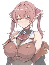 1girl bare_shoulders breasts cropped_jacket heterochromia highres hololive houshou_marine houshou_marine_(1st_costume) jacket large_breasts leotard long_hair red_eyes red_hair red_jacket see-through_clothes see-through_leotard seo_tatsuya smile solo twintails upp virtual_youtuber yellow_eyes