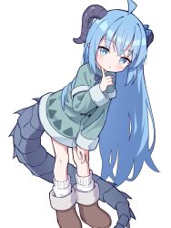 1girl :c absurdres ahoge blue_eyes blue_hair boots child demon_horns dragon_tail highres horns large_tail leaning_forward light_blush long_hair looking_at_viewer original socks standing sweater tadashisa tail toes white_background white_socks