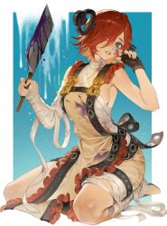 1girl a.b.a absurdres apron ass bags_under_eyes bandages blood blood_on_clothes blood_on_face bloody_knife chain cleaver fingerless_gloves gloves green_eyes guilty_gear guilty_gear_xx hair_over_one_eye highres key key_in_head keyhole kneeling knife looking_at_viewer object_through_head red_hair ribbon short_hair solo suribbon white_background
