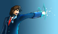 Rule 34 | blue eyes, brown hair, capcom, charge shot, formal clothes, ace attorney, phoenix wright, objection, open mouth, parody, pointing, robot, mega man (series), mega man x (series), suit, x (mega man), arm cannon
