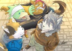 4boys animal_ears annoyed beak bird_boy black_fur black_jacket blue_jacket brown_jacket brown_pants cat_boy cat_ears cat_nose cat_tail clenched_teeth closed_mouth commentary_request crying dark_skin dog_boy dog_ears dog_nose feathers furry furry_male german_text green_feathers grey_fur grey_hair hands_in_pockets highres horse_boy horse_ears horse_tail indeigo15 jacket jun_nekonishi keisuke_hirama kouya_aotsuki looking_at_another looking_at_viewer looking_up male_focus morenatsu multicolored_fur multiple_boys open_mouth pants pink_hair scarf smile tail tears teeth translated white_fur yuuki_torii
