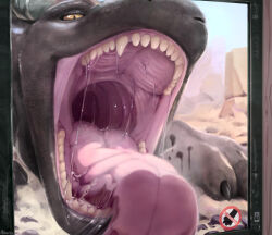 artist_name blue_sky claws close-up commentary condensation dragon english_commentary english_text fangs highres kivazard licking_window looking_at_viewer no_humans no_symbol open_mouth original saliva saliva_trail sky solo teeth tongue tongue_out window_fog yellow_eyes