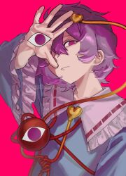 1girl akatsuki_records annindofu_umaaa artist_name black_hairband blue_shirt closed_mouth collarbone collared_shirt frills hair_between_eyes hairband hand_up heart_ornament highres komeiji_satori long_sleeves looking_at_viewer pink_background pink_eyes purple_eyes purple_hair ringed_eyes shirt short_hair simple_background solo third_eye touhou upper_body watermark wide_sleeves