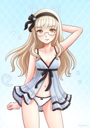 1girl blonde_hair blue_negligee blush breasts cleavage closed_mouth collarbone glasses hairband highres koyomeru lingerie long_hair looking_at_viewer negligee no_bra panties perrine_h._clostermann simple_background small_breasts smile solo strike_witches underwear white_panties world_witches_series yellow_eyes