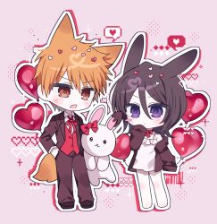 Rule 34 | 1boy, 1girl, alternate costume, animal ears, black hair, black jacket, black pants, black vest, bleach, chibi, chibi only, dress, g ieep, hand in pocket, jacket, kuchiki rukia, kurosaki ichigo, orange eyes, orange hair, pants, purple eyes, rabbit boy, rabbit ears, rabbit girl, shirt, short hair, spiked hair, stuffed animal, stuffed toy, vest, white dress, white shirt