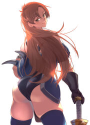 Rule 34 | 1girl, akinaie, armlet, armor, ass, bare shoulders, black panties, blue armor, brown eyes, brown gloves, brown hair, closed mouth, daisy (dq), dragon quest, dragon quest yuusha abel densetsu, fake horns, gloves, helmet, highres, horned helmet, horns, jewelry, lips, long hair, looking at viewer, panties, simple background, smile, solo, sword, thighhighs, underwear, weapon, white background