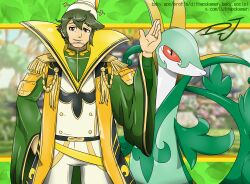 arm_up brown_eyes gen_5_pokemon green_hair hat high_collar inkbooba japanese_clothes mouri_motonari pokemon pokemon_conquest serperior tassel