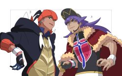 Rule 34 | 2boys, black hair, black hat, black hoodie, black shirt, blue shirt, bright pupils, cape, ch walnut, collared shirt, commentary, dynamax band, earrings, facial hair, fur-trimmed cape, fur trim, gloves, green eyes, hat, headband, highres, hood, hood down, hoodie, jewelry, leon (pokemon), long hair, male focus, multiple boys, nintendo, open mouth, orange headband, partially fingerless gloves, pokemon, pokemon swsh, purple hair, raihan (pokemon), red cape, shirt, short hair, single glove, white background, white pupils, wristband, yellow eyes