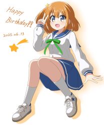 ! !! 1girl 2025 birthday blue_sailor_collar blue_skirt blush convenient_censoring dated dot_nose english_text female_focus full_body hair_between_eyes hair_ornament happy happy_birthday koisuru_asteroid konohata_mira long_sleeves looking_at_viewer multicolored_eyes nanog_eb1994 navel open_mouth orange_hair ribbon sailor_collar school_uniform serafuku shirt shoes shooting_star short_hair simple_background skirt sneakers socks solo star_(symbol) v white_background white_shirt white_socks