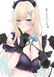 Rule 34 | 1girl, absurdres, aizawa ema, akue, alternate costume, bare shoulders, bat wings, black gloves, blonde hair, blue bow, blue bowtie, blue eyes, bow, bowtie, breasts, chest harness, cleavage, detached collar, flower hairpin, gloves, gradient hair, grin, hand on own cheek, hand on own face, harness, headdress, heart, heart o-ring, heart tail, highres, long hair, looking at viewer, midriff peek, multicolored hair, o-ring, parted bangs, simple background, smile, solo, tail, upper body, virtual youtuber, vspo!, white background, wings