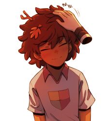 1girl ^_^ amphibia anne_boonchuy blush brown_hair ciervobizarro closed_eyes collared_shirt dark_skin disembodied_hand grey_shirt hand_on_another&#039;s_head happy leaf leaf_on_head light_blush petting school_uniform shirt short_hair sjms_school_uniform smile standing upper_body white_background