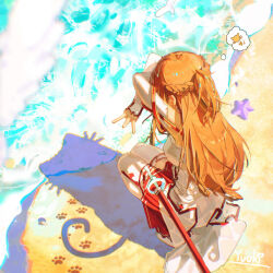 1girl asuna_(sao) beach braid brown_hair cat_shadow_puppet_(meme) commentary elbow_gloves gloves half_up_braid highres long_hair meme orange_hair red_skirt skirt solo squatting sword sword_art_online thighhighs weapon white_thighhighs yuuki_(yuuki08435994)