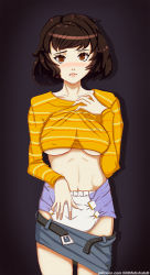 1girl artist_name belt belt_buckle blue_skirt blush breasts brown_eyes brown_hair buckle clothes_lift collarbone covered_erect_nipples diaper female_focus gradient_background grey_background kawakami_sadayo large_breasts lilith-fetish lips long_sleeves looking_at_viewer nostrils open_mouth orange_shirt pencil_skirt persona persona_5 ribs shirt shirt_lift simple_background skirt skirt_down solo standing striped_clothes striped_shirt underboob