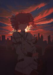 1girl absurdres backlighting building chinese_commentary city cloud cloudy_sky commentary drill_hair evening grey_jacket grey_skirt hanashizuku2 highres jacket kasane_teto kasane_teto_(sv) long_sleeves outdoors red_eyes red_hair skirt sky skyline skyscraper solo standing synthesizer_v twin_drills utau