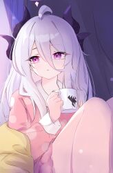 1girl absurdres ahoge bare_legs black_horns blue_archive commentary cup curtains demon_horns expressionless hair_between_eyes highres hina_(blue_archive) hina_(pajamas)_(blue_archive) holding holding_cup horns indoors knees_up lens_flare light_rays long_bangs long_hair looking_to_the_side mug multiple_horns official_alternate_costume pajamas parted_lips pink_eyes pink_pajamas sidelocks sitting solo tah_noey white_hair