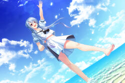 1girl :d ascot barefoot black_ascot blue_hair blue_sky blush commentary_request day falling_petals feet floating_hair foreshortening from_below full_body hair_bun happy highres lens_flare long_hair looking_ahead miniskirt ocean open_mouth outdoors outstretched_arm petals puffy_short_sleeves puffy_sleeves red_eyes sailor_collar school_uniform serafuku shirt shootinghaze short_sleeves sidelocks single_hair_bun skirt sky smile soles solo sorakado_ao standing standing_on_one_leg summer_pockets summer_pockets_school_uniform toes very_long_hair water white_sailor_collar white_serafuku white_shirt white_skirt