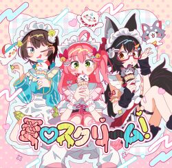 35p_(sakura_miko) 3girls absurdres ahoge ai_scream!_(love_live!) animal_ears aqua_eyes black_hair blush_stickers brown_eyes brown_hair food glasses green_eyes hair_ornament hairclip highres hololive ice_cream maid_headdress miofa_(ookami_mio) multiple_girls nemutai_rara one_eye_closed one_side_up ookami_mio oozora_subaru red_hair sakura_miko sakura_miko_(school_uniform) suba_tomo_(oozora_subaru) suba_tomo_(small) thigh_strap virtual_youtuber wolf_ears wolf_girl
