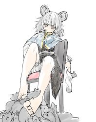 1girl animal animal_ear_fluff animal_ears barefoot black_dress bloomers blue_capelet blush capelet chair closed_mouth commentary_request dorsiflexion dress grey_hair highres holding_sock mouse_(animal) mouse_ears naegi_(naegidokoro) nazrin on_chair red_eyes shirt simple_background sitting sleeveless sleeveless_dress small_sweatdrop socks solo sweat toes touhou underwear unworn_socks v-shaped_eyebrows white_background white_bloomers white_shirt white_socks