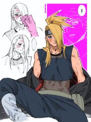 blonde_hair blush condom deidara_(naruto) fishnet_top fishnets forehead_protector hair_over_one_eye highres holding holding_condom male_focus naruto_(series) naruto_shippuuden umkaqryi