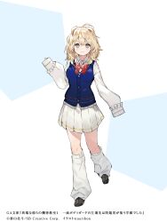 1girl :3 absurdres ahoge artist_name blonde_hair blue_vest blush breasts copyright_name enju_yuyuko full_body hair_ornament hairpin highres itan_na_karera_no_kimitsu_kyoshitsu large_breasts loafers long_sleeves looking_at_viewer loose_socks nauribon red_ribbon ribbon school_uniform shirt shoes simple_background skirt smile socks tachi-e thighhighs thighs very_long_sleeves vest wavy_hair white_background white_shirt yellow_eyes zettai_ryouiki