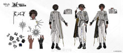 1boy ambience_synesthesia arknights asymmetrical_clothes black_boots black_gloves black_hair boots chinese_commentary commentary_request dark-skinned_male dark_skin elbow_gloves fingerless_gloves from_behind gloves grey_jacket highres jacket jewelry long_sleeves looking_at_viewer male_focus multiple_rings multiple_views official_art pants reference_sheet ring short_hair single_elbow_glove single_fingerless_glove thorns_(arknights) white_background white_pants yyb