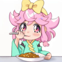 1girl :3 blush bow curry curry_rice detached_sleeves eating food green_kimono hair_bow hairband holding holding_spoon japanese_clothes kimono long_sleeves maro_(mashin_souzouden_wataru) mashin_eiyuuden_wataru mashin_souzouden_wataru pink_hair plate red_eyes rice short_hair sitting smile spoon t_jiroo_(ringofriend) table white_background wide_sleeves yellow_bow