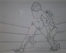 2girls artist_request catfight greyscale monochrome multiple_girls sketch sketchbook tagme wrestling wrestling_outfit wrestling_ring