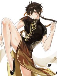 1boy black_hair brown_hair china_dress chinese_clothes closed_mouth dress earrings eyeliner eyeshadow genshin_impact gradient_hair hair_between_eyes jewelry leg_up long_hair makeup male_focus multicolored_hair ponytail red_eyeshadow simple_background single_earring solo sssss2222 tassel tassel_earrings white_background yellow_eyes zhongli_(genshin_impact)