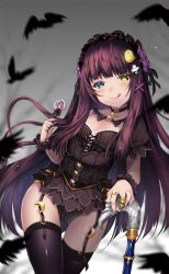 Rule 34 | 1girl, :p, :q, bird, black hair, black thighhighs, blue eyes, blush, cane, choker, clubs, corset, crescent, duji amo, female focus, garter straps, gothic lolita, green eyes, hair ornament, heterochromia, highres, holding, jewelry, leotard, lolita fashion, long hair, looking at viewer, original, ring, solo, thighhighs, tongue, tongue out, usagihime, wrist cuffs, x hair ornament