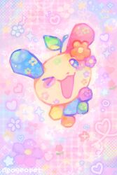 1girl animal_ears artist_name blush bubble chibi chibi_only chibikemo colorful commentary flower furry furry_female gingham heart heisei_retro highres leaf looking_at_viewer neogeopet one_eye_closed open_mouth plant_on_head rabbit_ears rabbit_girl sanrio smile solo usahana yume_kawaii