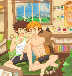 2boys bandages bedroom black_boxer_briefs black_male_underwear boxer_briefs brown_hair camp_buddy controller green_eyes hair_ornament hairpin hand_on_another&#039;s_ass hand_on_another&#039;s_leg highres hiro_akiba indoors keitaro_nagame male_focus male_underwear multiple_boys orange_eyes orange_hair shota tank_top underwear underwear_only