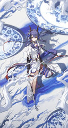 Rule 34 | 1girl, absurdres, ambience synesthesia, arknights, black sleeves, blue flower, blue hair, ch&#039;en (arknights), closed mouth, flower, hair between eyes, hair flower, hair ornament, highres, horns, jacket, kieed, long hair, looking at viewer, navel, official alternate costume, partially submerged, revision, shirt, shorts, sidelocks, solo, tail, thigh strap, white jacket, white shirt, white shorts