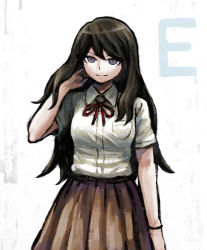 1girl arm_at_side breast_pocket brown_hair brown_skirt collared_shirt commentary_request cowboy_shot danganronpa_(series) danganronpa_3_(anime) grey_background grey_eyes hand_in_own_hair hand_up long_hair long_skirt looking_at_viewer namu_(nurui_cha) neck_ribbon pleated_skirt pocket red_ribbon ribbon satou_(danganronpa) school_uniform shirt shirt_tucked_in short_sleeves skirt smile solo white_background white_shirt
